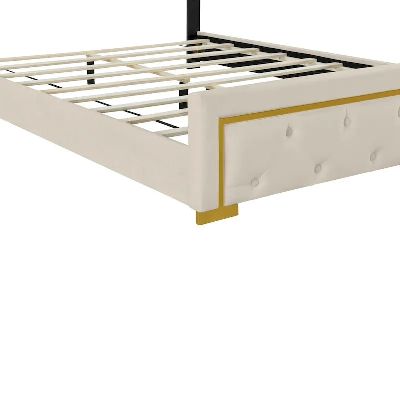 Lit plateforme rembourré Queen Size avec tête de lit capitonnée et cadre en fil métallique