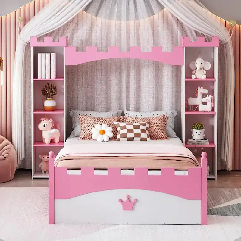 Lit plateforme en bois en forme de château, taille jumelle, avec étagère de rangement pour chambre d'enfant