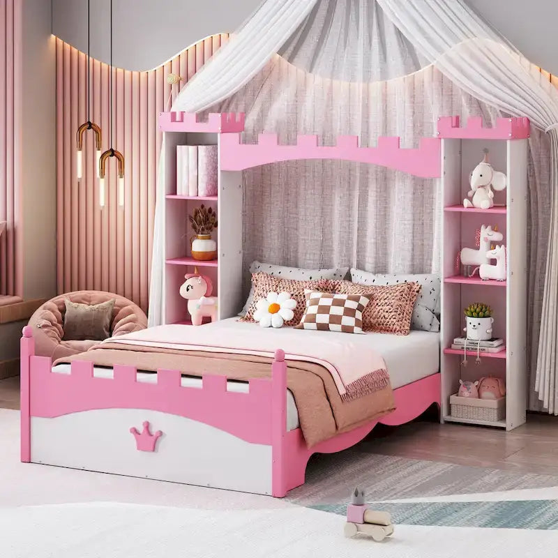Lit plateforme en bois en forme de château, taille jumelle, avec étagère de rangement pour chambre d'enfant