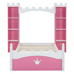 Lit plateforme en bois en forme de château, taille jumelle, avec étagère de rangement pour chambre d'enfant