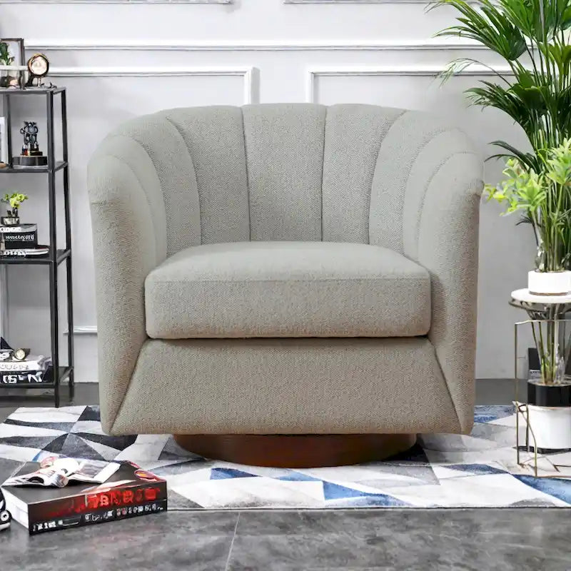 Fauteuil pivotant en tissu avec rotation à 360°, base en bois et capacité de poids de 158 kg