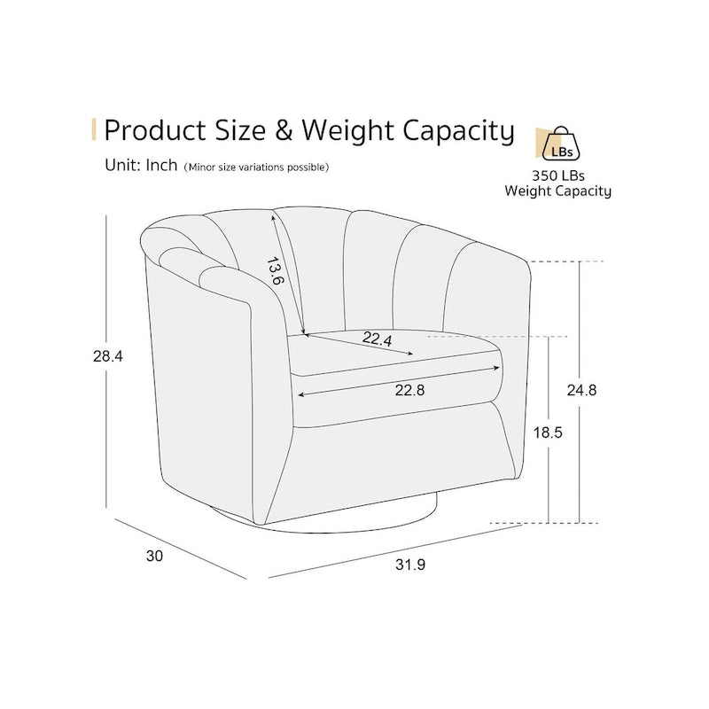 Fauteuil pivotant en tissu avec rotation à 360°, base en bois et capacité de poids de 158 kg
