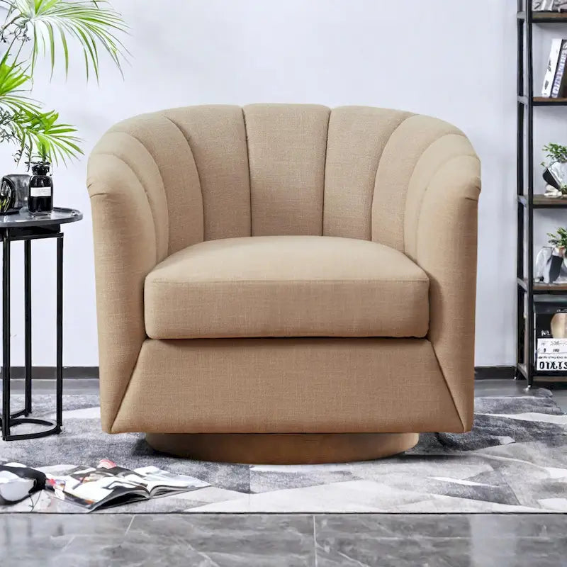 Fauteuil pivotant en tissu avec rotation à 360°, base en bois et capacité de poids de 158 kg