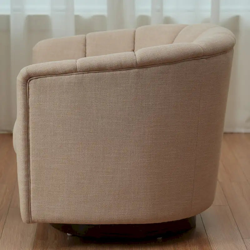 Fauteuil pivotant en tissu avec rotation à 360°, base en bois et capacité de poids de 158 kg