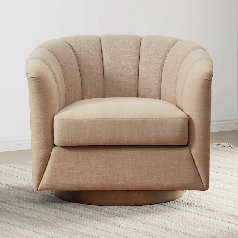 Fauteuil pivotant en tissu avec rotation à 360°, base en bois et capacité de poids de 158 kg