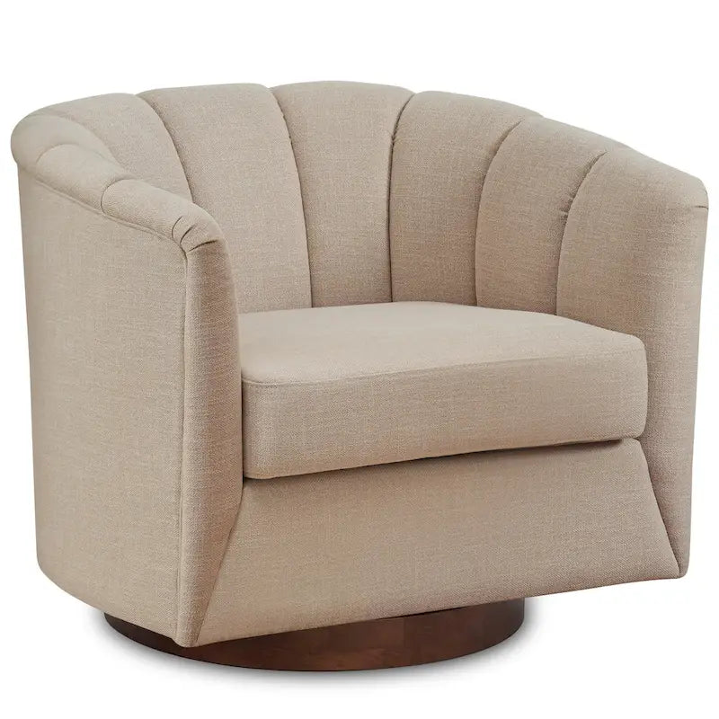Fauteuil pivotant en tissu avec rotation à 360°, base en bois et capacité de poids de 158 kg