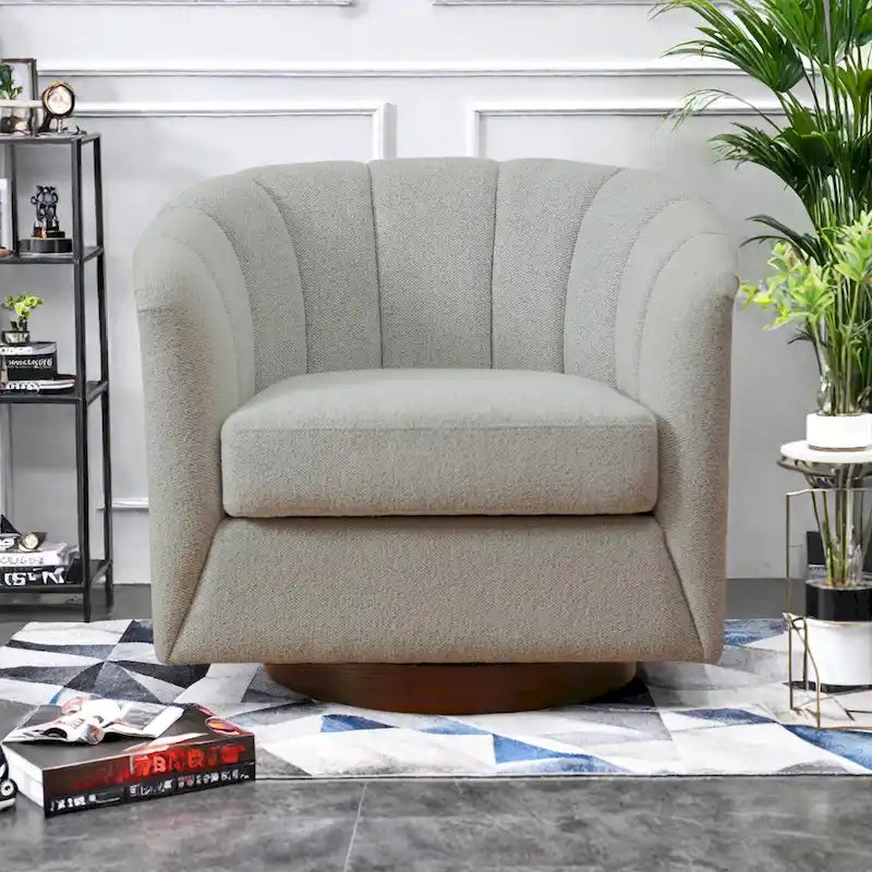 Fauteuil pivotant en tissu avec rotation à 360°, base en bois et capacité de poids de 158 kg