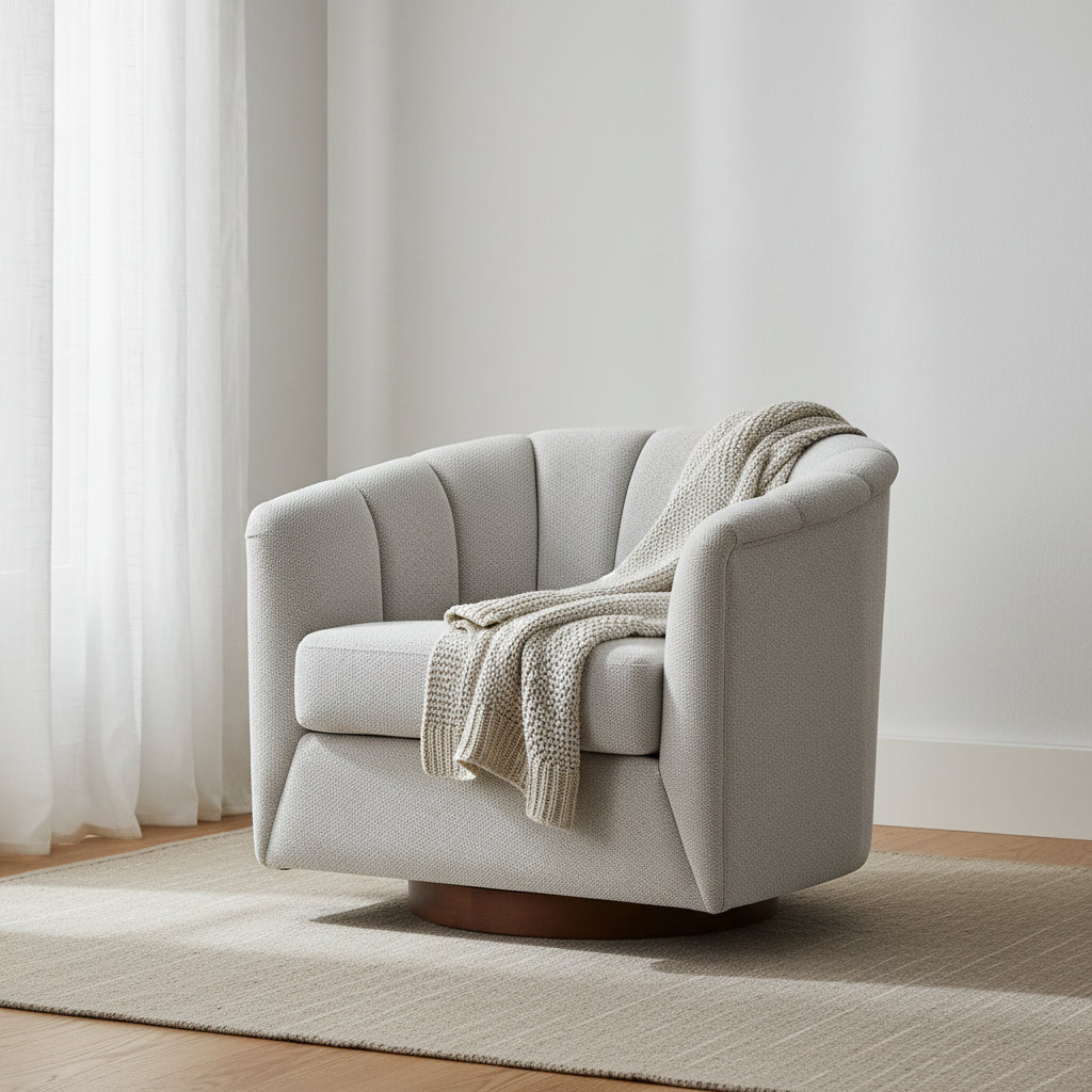 Fauteuil pivotant en tissu avec rotation à 360°, base en bois et capacité de poids de 158 kg