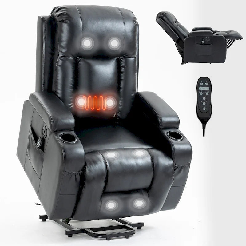 Fauteuil inclinable électrique noir pour personnes âgées avec massage vibrant, chauffage lombaire, port USB et porte-gobelets