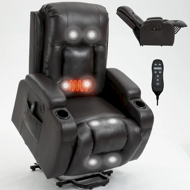 Fauteuil inclinable électrique noir pour personnes âgées avec massage vibrant, chauffage lombaire, port USB et porte-gobelets