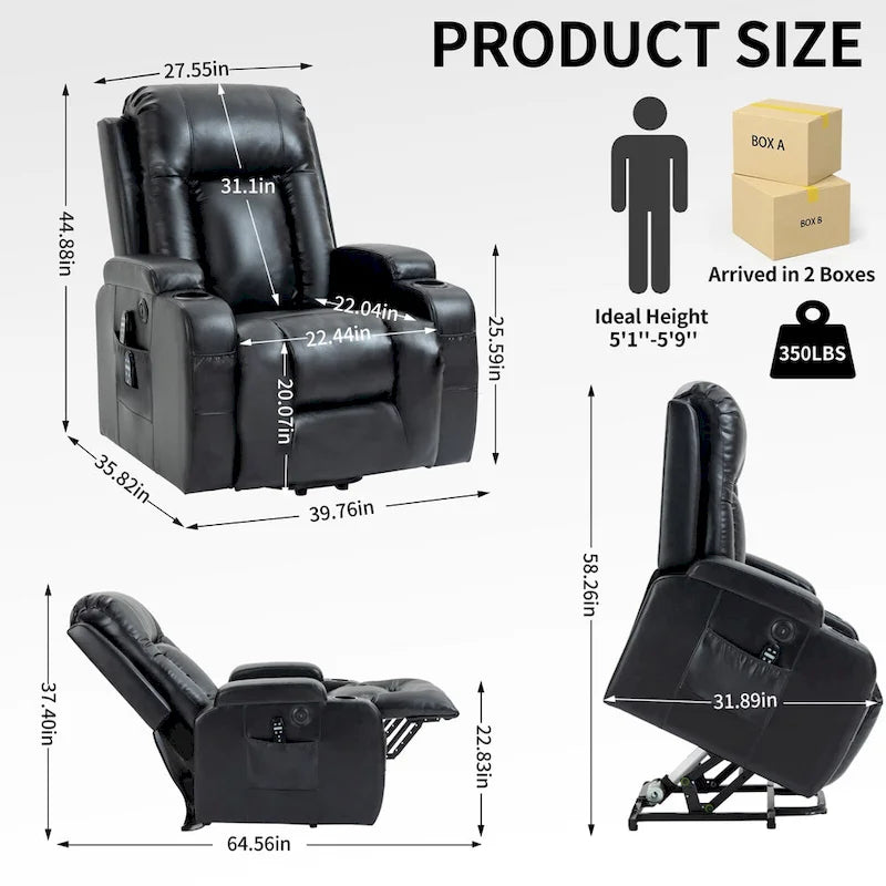 Fauteuil inclinable électrique noir pour personnes âgées avec massage vibrant, chauffage lombaire, port USB et porte-gobelets