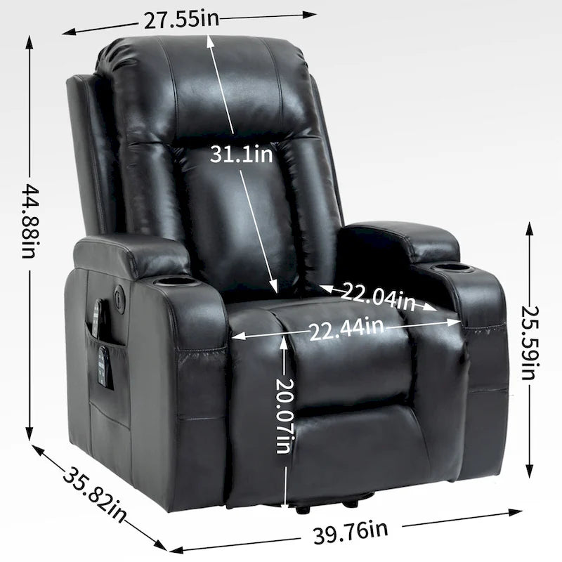 Fauteuil inclinable électrique noir pour personnes âgées avec massage vibrant, chauffage lombaire, port USB et porte-gobelets