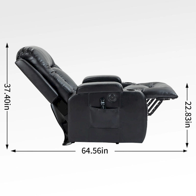 Fauteuil inclinable électrique noir pour personnes âgées avec massage vibrant, chauffage lombaire, port USB et porte-gobelets