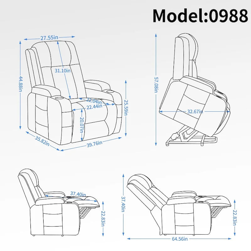 Fauteuil inclinable électrique noir pour personnes âgées avec massage vibrant, chauffage lombaire, port USB et porte-gobelets
