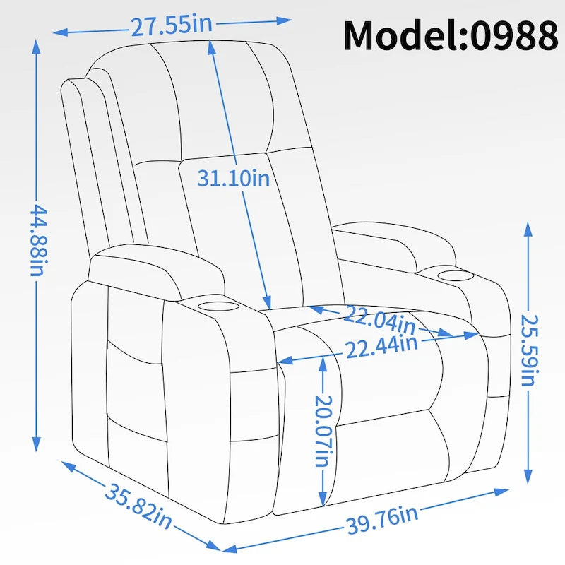 Fauteuil inclinable électrique noir pour personnes âgées avec massage vibrant, chauffage lombaire, port USB et porte-gobelets