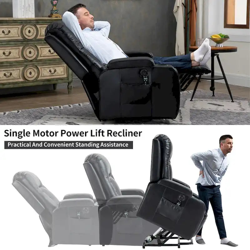 Fauteuil inclinable électrique noir pour personnes âgées avec massage vibrant, chauffage lombaire, port USB et porte-gobelets