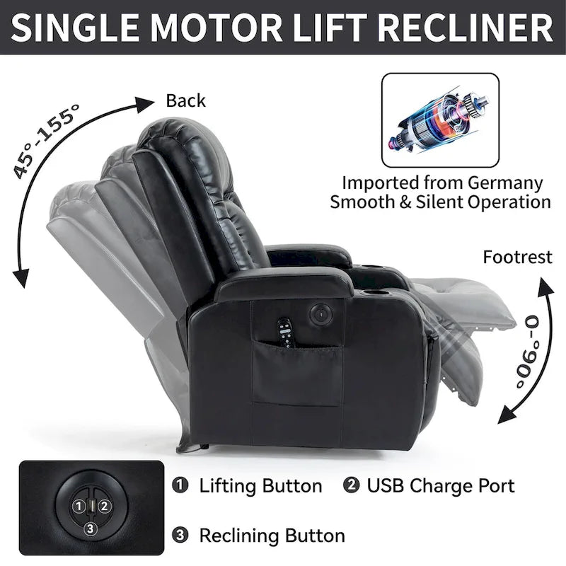 Fauteuil inclinable électrique noir pour personnes âgées avec massage vibrant, chauffage lombaire, port USB et porte-gobelets