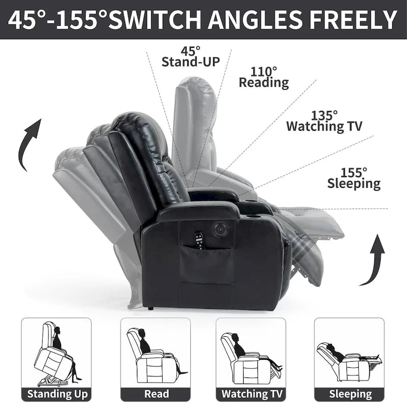 Fauteuil inclinable électrique noir pour personnes âgées avec massage vibrant, chauffage lombaire, port USB et porte-gobelets