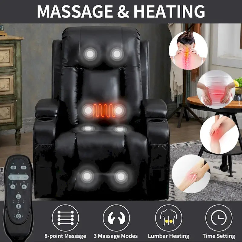 Fauteuil inclinable électrique noir pour personnes âgées avec massage vibrant, chauffage lombaire, port USB et porte-gobelets