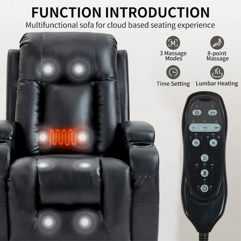 Fauteuil inclinable électrique noir pour personnes âgées avec massage vibrant, chauffage lombaire, port USB et porte-gobelets