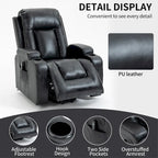 Fauteuil inclinable électrique noir pour personnes âgées avec massage vibrant, chauffage lombaire, port USB et porte-gobelets