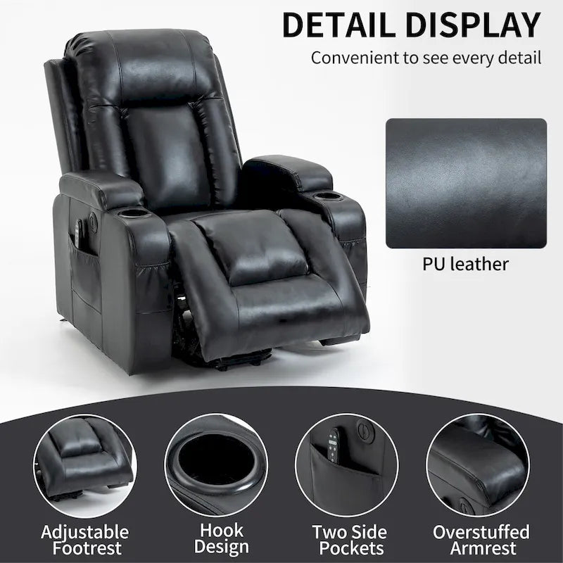 Fauteuil inclinable électrique noir pour personnes âgées avec massage vibrant, chauffage lombaire, port USB et porte-gobelets