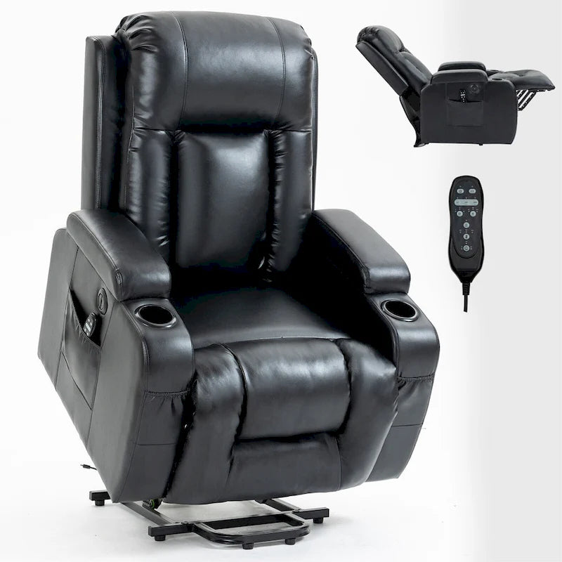 Fauteuil inclinable électrique noir pour personnes âgées avec massage vibrant, chauffage lombaire, port USB et porte-gobelets