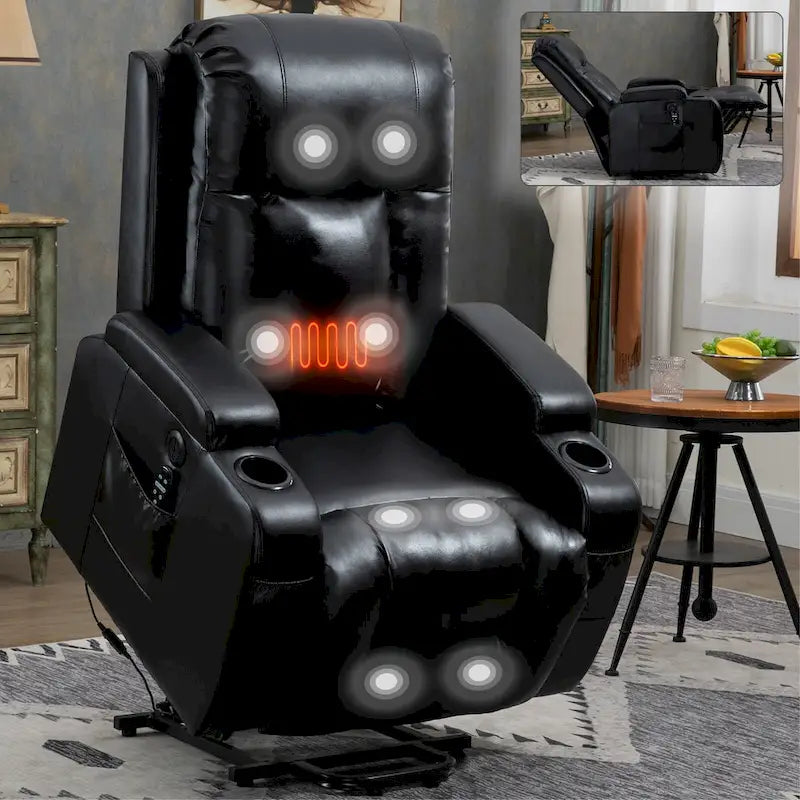 Fauteuil inclinable électrique noir pour personnes âgées avec massage vibrant, chauffage lombaire, port USB et porte-gobelets