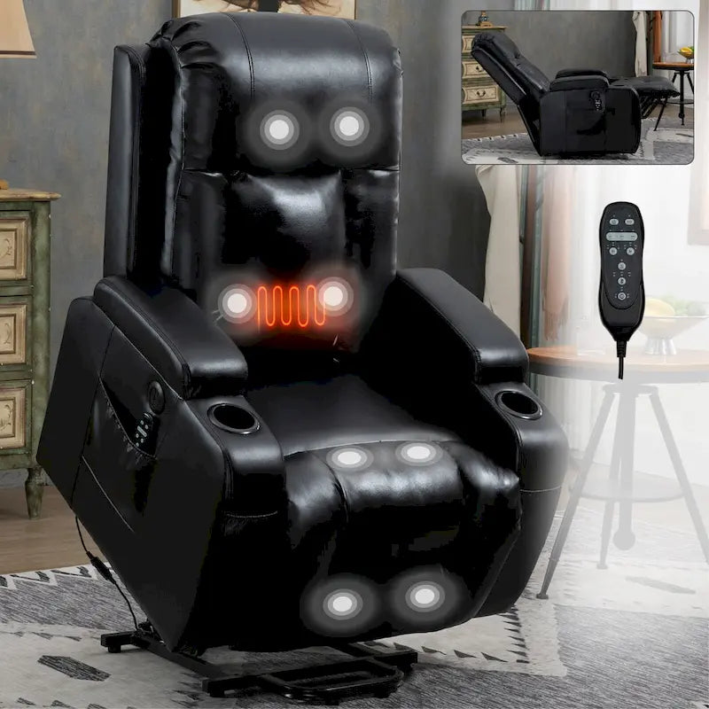 Fauteuil inclinable électrique noir pour personnes âgées avec massage vibrant, chauffage lombaire, port USB et porte-gobelets