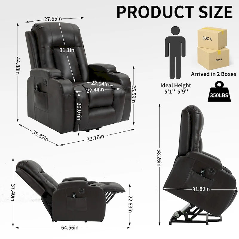 Fauteuil inclinable électrique noir pour personnes âgées avec massage vibrant, chauffage lombaire, port USB et porte-gobelets