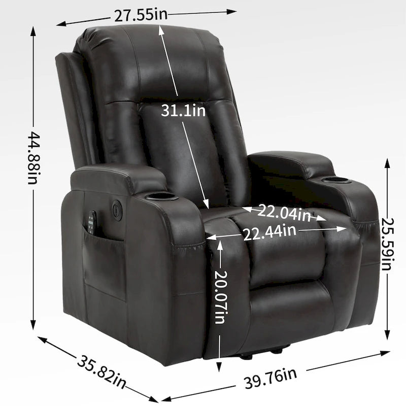Fauteuil inclinable électrique noir pour personnes âgées avec massage vibrant, chauffage lombaire, port USB et porte-gobelets