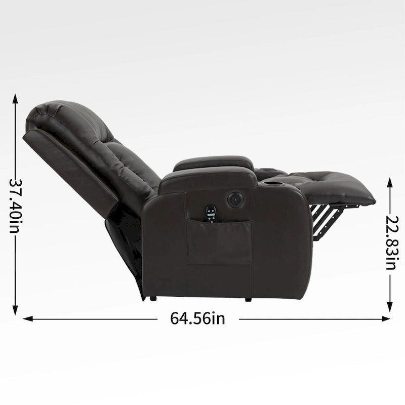 Fauteuil inclinable électrique noir pour personnes âgées avec massage vibrant, chauffage lombaire, port USB et porte-gobelets