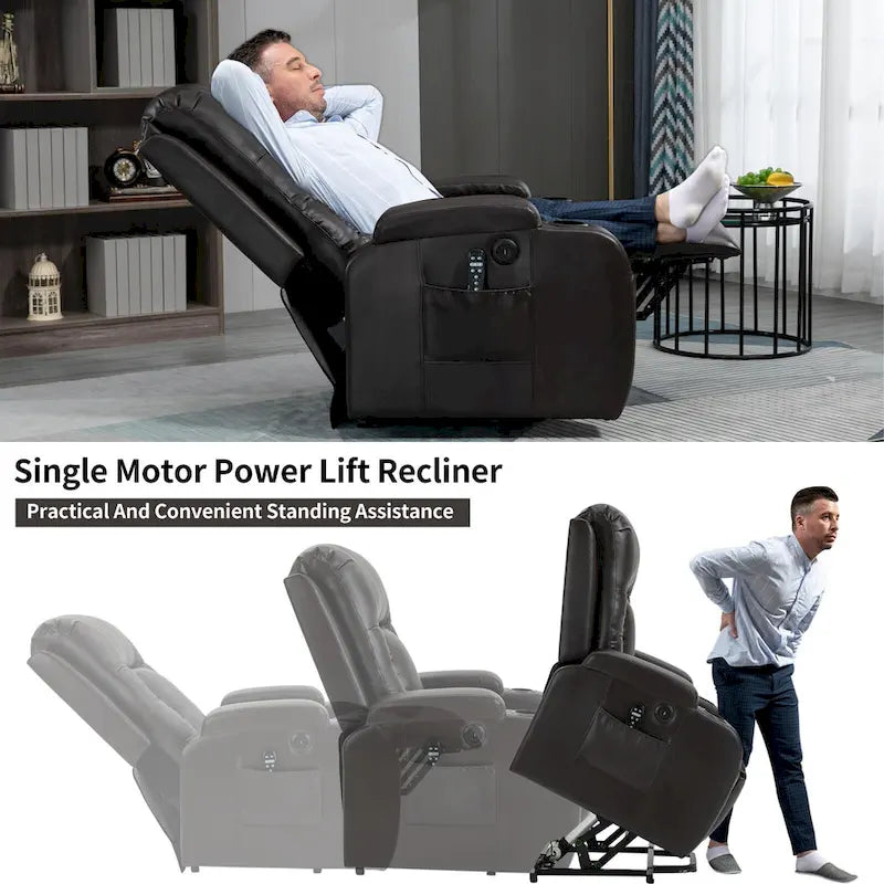 Fauteuil inclinable électrique noir pour personnes âgées avec massage vibrant, chauffage lombaire, port USB et porte-gobelets
