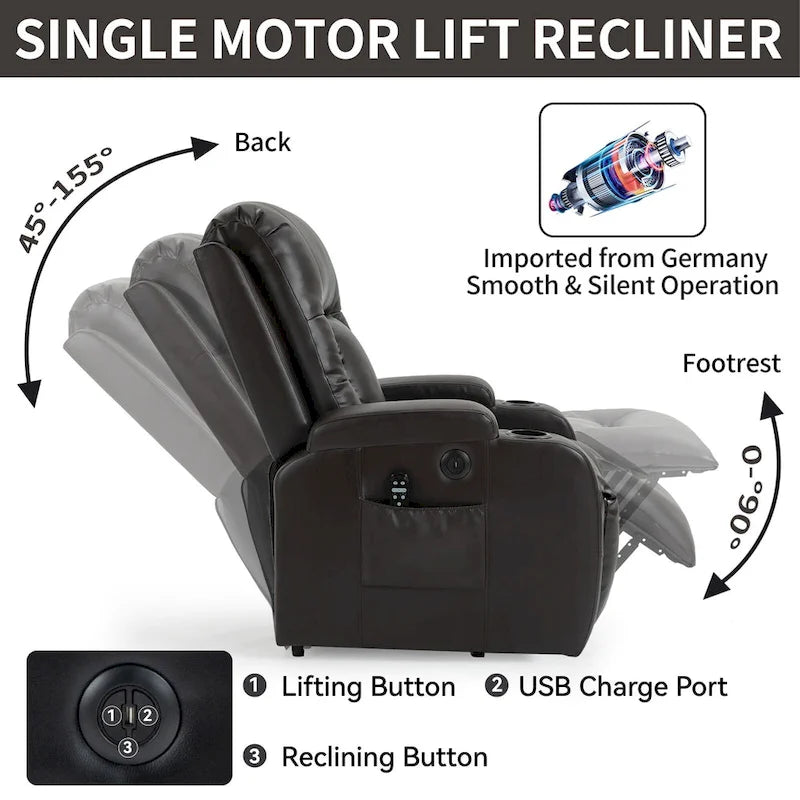 Fauteuil inclinable électrique noir pour personnes âgées avec massage vibrant, chauffage lombaire, port USB et porte-gobelets