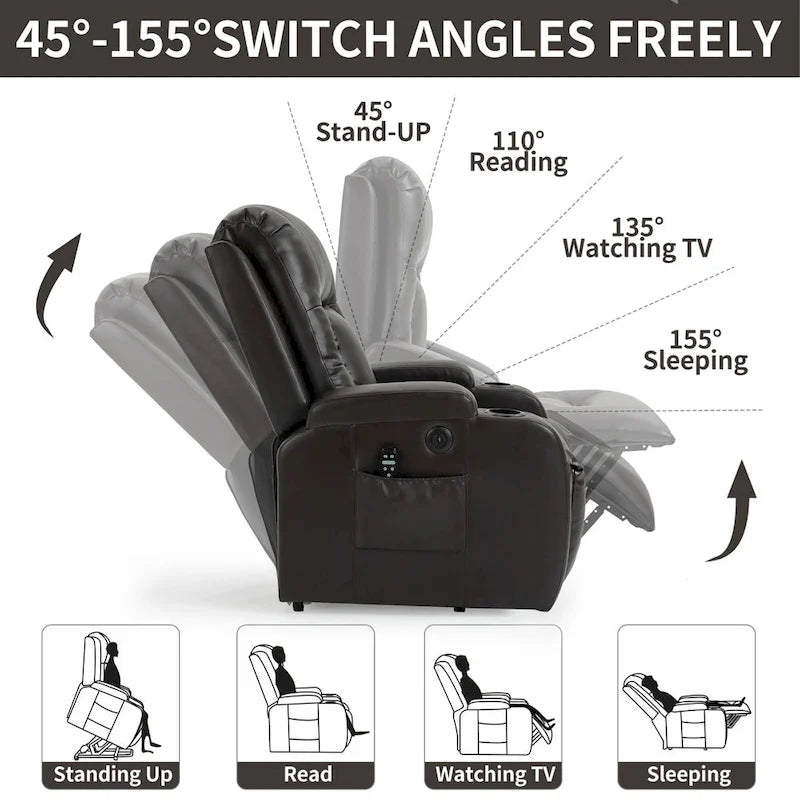 Fauteuil inclinable électrique noir pour personnes âgées avec massage vibrant, chauffage lombaire, port USB et porte-gobelets