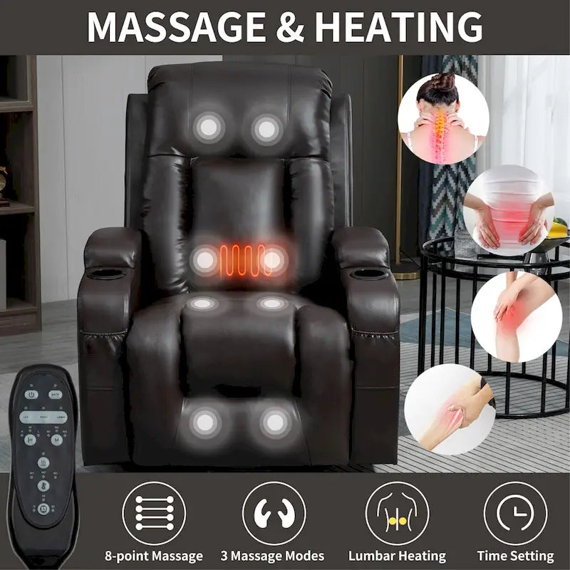 Fauteuil inclinable électrique noir pour personnes âgées avec massage vibrant, chauffage lombaire, port USB et porte-gobelets