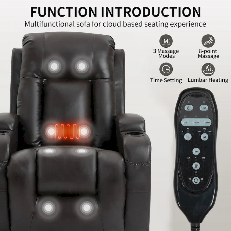 Fauteuil inclinable électrique noir pour personnes âgées avec massage vibrant, chauffage lombaire, port USB et porte-gobelets