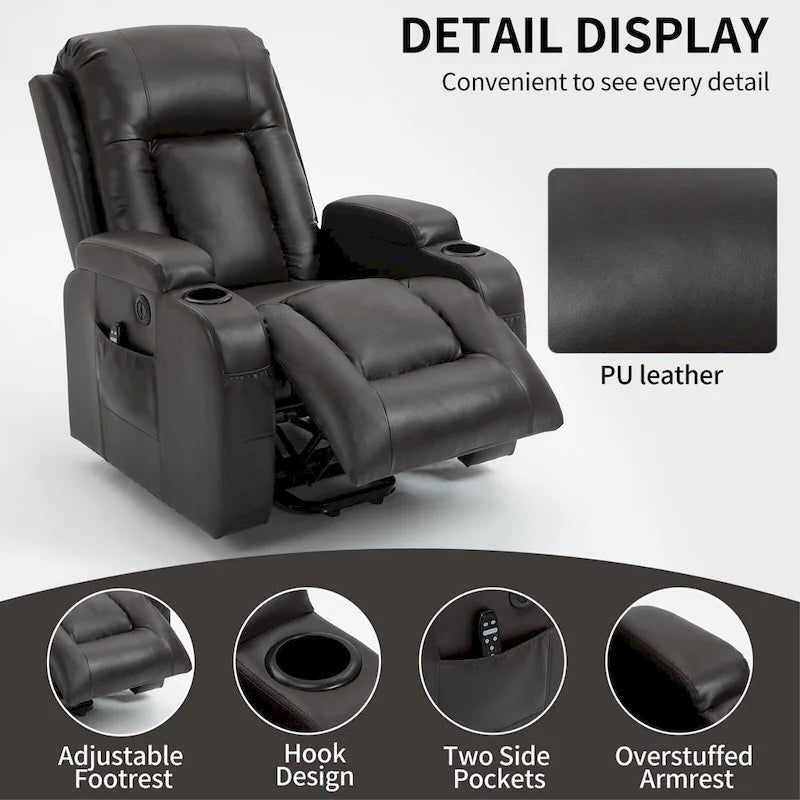 Fauteuil inclinable électrique noir pour personnes âgées avec massage vibrant, chauffage lombaire, port USB et porte-gobelets