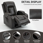 Fauteuil inclinable électrique noir pour personnes âgées avec massage vibrant, chauffage lombaire, port USB et porte-gobelets