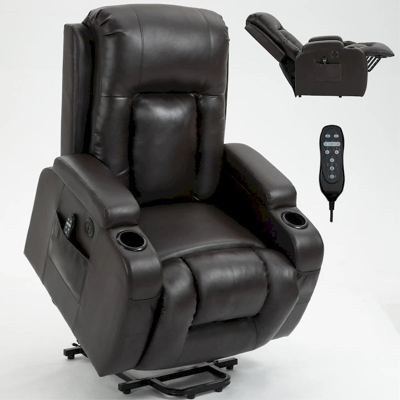 Fauteuil inclinable électrique noir pour personnes âgées avec massage vibrant, chauffage lombaire, port USB et porte-gobelets