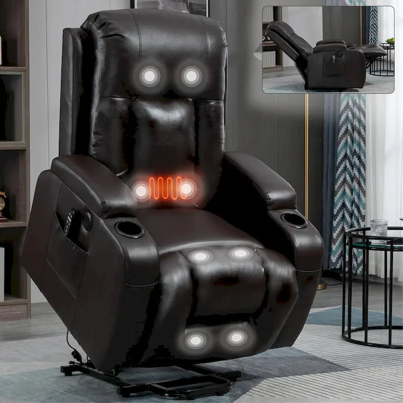 Fauteuil inclinable électrique noir pour personnes âgées avec massage vibrant, chauffage lombaire, port USB et porte-gobelets