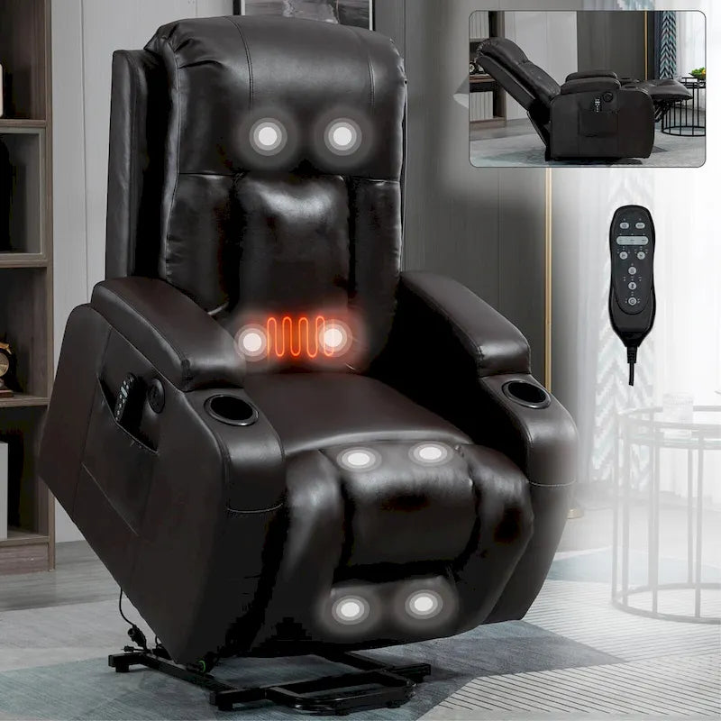 Fauteuil inclinable électrique noir pour personnes âgées avec massage vibrant, chauffage lombaire, port USB et porte-gobelets