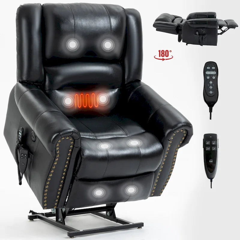 Fauteuil inclinable releveur en cuir véritable marron avec fonction de chauffage, de massage et ports USB