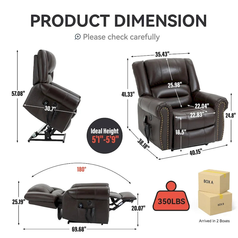 Fauteuil inclinable releveur en cuir véritable marron avec fonction de chauffage, de massage et ports USB