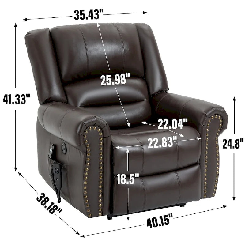 Fauteuil inclinable releveur en cuir véritable marron avec fonction de chauffage, de massage et ports USB