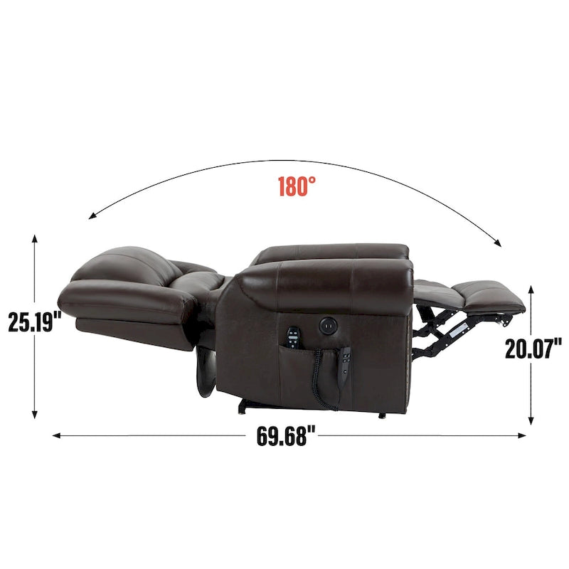 Fauteuil inclinable releveur en cuir véritable marron avec fonction de chauffage, de massage et ports USB