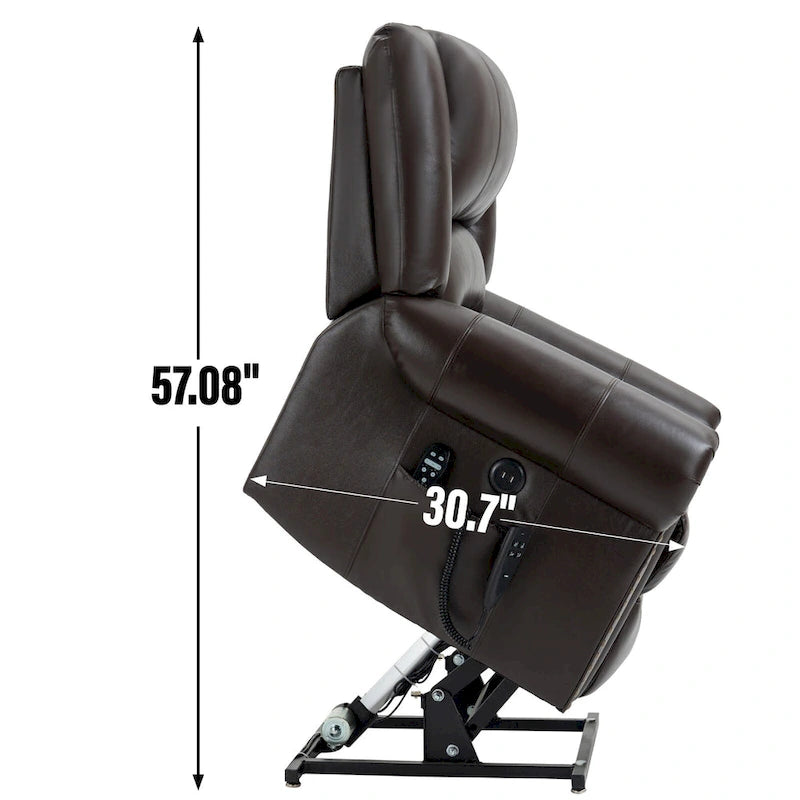 Fauteuil inclinable releveur en cuir véritable marron avec fonction de chauffage, de massage et ports USB