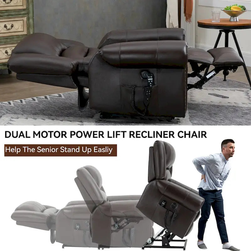 Fauteuil inclinable releveur en cuir véritable marron avec fonction de chauffage, de massage et ports USB