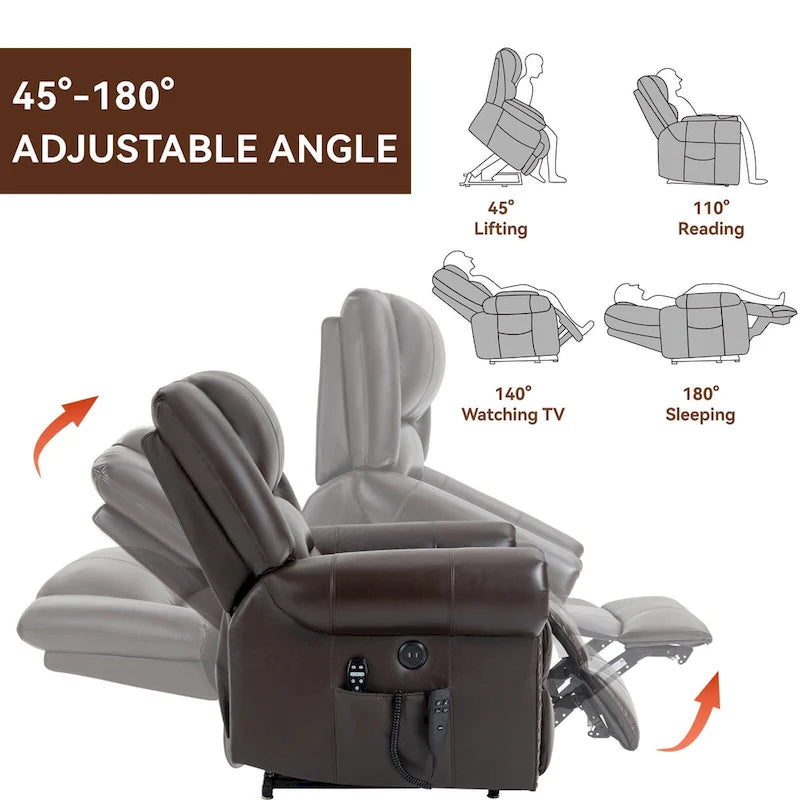 Fauteuil inclinable releveur en cuir véritable marron avec fonction de chauffage, de massage et ports USB