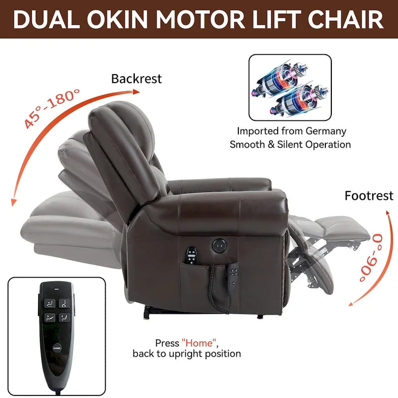 Fauteuil inclinable releveur en cuir véritable marron avec fonction de chauffage, de massage et ports USB